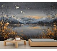 Autumn Lake Scenic Snow Mountain Murals Grey Blue Sky Flying Birds Wallpaper Lakeside Tree Golden Flower Art Deco Wallpaper Natural Landscape Bedroom Bedroom Living Room Mural Poster 400X280cm
