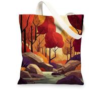 Autumn Landscape Canvas Tote Bags, Stylish Autumn Scene Reusable Grocery Bags, Lightweight Washable Shoulder Strap Canvas Bags for Gym Outdoor Travel Beach Picnic 13x15 Inch