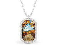 Autumn Landscape Golden Leaves Wooden Bridge Rectangle Pendant Necklace Silver Women Jewelry Alloy Keychain Tag Jewelry