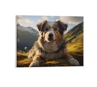 Autumn Landscape Wall Decor Poster, Australian Shepherd Dog Framed Canvas Wall Art for Bathroom Kid's Room, Funny Grassy Hill with Mountain Artworks, Thanks Giving Gifts, 20x25CM