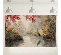 Autumn Landscape Watercolor Backdrop, Crane Nature Scene Rustic Photography Background, Fall Decor for Home Studio Events, Perfect for Thanksgiving or Seasonal Gatherings 71x43 Inch