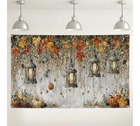 Autumn Lantern Wall Backdrop, Rustic Fall Decorations for Photography, Thanksgiving Indoor/Outdoor Picture Background with Colorful Leaves & Pumpkins 71x43 Inch