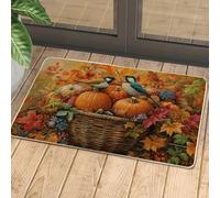 Autumn Leaf and Bird Door Mat, Orange Pumpkin Entrance Mat for Fall Decor, Non-Slip Outdoor & Indoor Welcome Mat, Easy to Clean Dust Absorbent Doormat 29x17 Inch