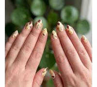 Autumn Leaf Design Almond Artificial Nails For Cozy Seasonal Fall Manicure - Glossy Hand Painted Short Tips With Brown Red Golden Leaf Motif Patterns On Creamy Off White Base