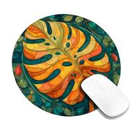 Autumn Leaf Design Mouse Pad, Vibrant Orange Monstera Leaves Stitched Edge Mousepad, Rubber Non-Slip Washable Gaming Mouse Pad for Home and Office Use Round 8x8 Inch