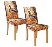 Autumn Leaf Duck Pattern Dining Room Chair Covers, Stretch & Washable Spandex Seat Protectors, Nature-Inspired Decorative Slipcovers for Kitchen Dining 2PCS