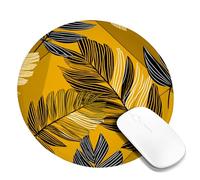 Autumn Leaf Mouse Pad, Yellow Tropical Leaves Printed Design, Stitched Edge Non-Slip Mousepad for Home Office Gaming and Work, Eco-Friendly Rubber Base Round 8x8 Inch