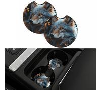 Autumn Leaves and A Wolf 2 Pcs Car Cup Holder Coasters, 2.7 Inch Anti-Slip Auto Insert Cup Coaster Universal Neoprene Car Drink Cup Mat Car Interior Accessories for Women Men