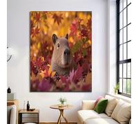 Autumn Leaves Capybara Frameless Canvas Wall Art, Healing Animal Illustration Wall Pictures Printed Poster Painting on Canvas Walls Decor for Bedroom Living Room Office Home 60×90 cm, Orange
