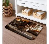 Autumn Leaves Cat Design Bath Mat, Cute Feline Fall Decor Absorbent Non Slip Shower Rug, Cozy Memory Foam Washable Bathroom Mat for Seasonal Home 20x32 Inch