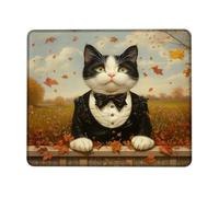 Autumn Leaves Cat Mouse Pad, Black White Feline in Tuxedo, Stitched Edge Non-Slip Mousepad for Home and Office Computer, Laptop Square 8x10 Inch