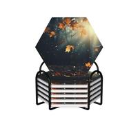 Autumn Leaves Flying in The Misty Forest Coasters Set of 6 Ceramic Coaster with Holder Absorbent Coasters for Drinks Heat Resistant Coffee Table Coasters Cup Pad for Kitchen Office Home Decoration