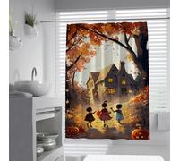 Autumn Leaves Halloween Kid Shower Curtain Haunted House Bathtub 200x220cm