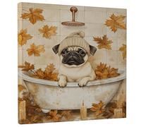 Autumn Leaves Pug Bath Canvas Wall Art, Warm Yellow Dog Artwork, Cozy Fall Home Decor for Living Room, Bedroom, Bathroom, Wrapped Canvas 12x12 Inch