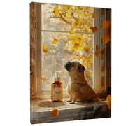 Autumn Leaves Pug Canvas Wall Art, Warm Yellow Dog Illustration Print, Fall Animal Decor for Living Room, Bedroom, Office, Home Accents 8x10 Inch