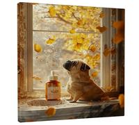 Autumn Leaves Pug Canvas Wall Art, Warm Yellow Dog Illustration Print, Fall Animal Decor for Living Room, Bedroom, Office, Home Accents 12x12 Inch