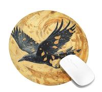 Autumn Leaves Raven Mouse Pad, Black Bird with Golden Leaves Design, Gift for Halloween and Thanksgiving, Soft Non-Slip Rubber Gaming Mouse Mat for Home and Office Round 8x8 Inch