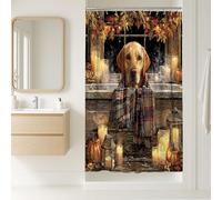 Autumn Leaves Shower Curtain, Rustic Fall Pumpkin Lantern Bathroom Decor, Cozy Seasonal Warm Tones Waterproof Fabric Shower Curtain with Hooks 36x72 Inch
