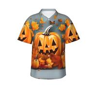 Autumn Leaves Thanksgiving Day Pumpkin Print Men's Short-Sleeved Hawaiian Shirt Casual Beach top Summer Beach Button-up Shirt, Black, Large