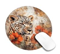 Autumn Leopard Floral Desk Mouse Pad, Orange Red Poppy Animal Design Non-Slip Washable Gaming Mousepad for Home and Office Computer, Laptop Round 8x8 Inch
