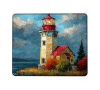 Autumn Lighthouse Desk Mouse Pad, Red Yellow Rustic Lighthouse Design, Rubber Non-Slip Washable Gaming Mousepad for Home and Office Computer, Laptop Square11.8 x9.8