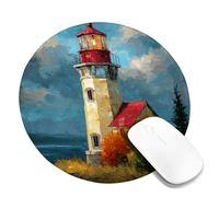 Autumn Lighthouse Desk Mouse Pad, Red Yellow Rustic Lighthouse Design, Rubber Non-Slip Washable Gaming Mousepad for Home and Office Computer, Laptop Round