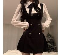 Autumn Long Sleeve Dress for Women with Pleated Waistfitted Aline Skirt Fake 2PCS Style Featuring Sweet Bow Buttons Preppy Look (M Black)