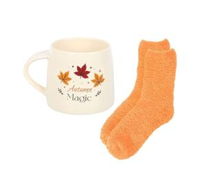 Autumn Magic Mug and Socks Set, Harvest Moon Design Ceramic Mug (380ml), Cozy Autumn Socks, Seasonal Colors, Microwave Safe, Perfect for Autumn Beverages and Comfort