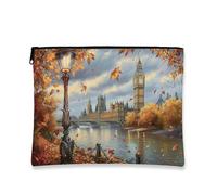 Autumn Makeup Bag, Scenic London Vintage Cosmetic Travel Pouch for Women, Portable Small Canvas Zipper Organizer, Fall Gift Toiletry Bag, Autumn, 7x9 Inch, Bag