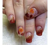 Autumn Manicure Set 24 Pcs Short Square with Glittering and Maple Leaves Designs Nails Art Ornament Fall Press on