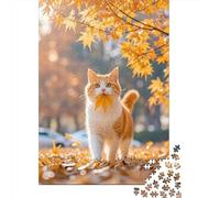 Autumn Maple Cat 1000 Pieces Tear-Resistant Paper DIY Fall Cat Jigsaw for Stress-Relief Seekers Relaxation Senior Pastime 70x50cm/1000pcs
