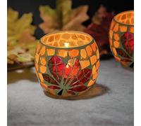 Autumn Maple Leaf Candle Holder Orange Mosaic Glass Tealight Votive Holder | Fall Candle Holder, Mosaic Glass Candle Stand for Thanksgiving Indoor Outdoor Decor, Thanksgiving Gift