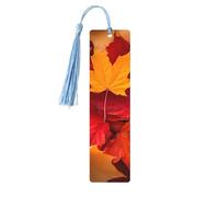 Autumn Maple Leaves Double-Sided Print Autumn Maple Leaves Bookmarks Wooden Book Marks with Sky Blue Tassel, Fall Lightweight Page Markers Reading Accessories