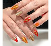 Autumn Maple Leaves Press On Nails Thanksgiving Almond Fake Nails Artificial Acrylic Stick On For Women Fall Maple Leaf Press Nail