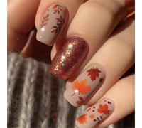 Autumn Maple Leaves Thanksgiving 24pcs Short Square Glitters Acrylic False Stick on for Women Thanksgiving