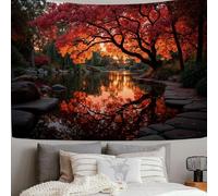 Autumn Maple Trees Pond Tapestry Wall Hanging, Autumn Natural Scenery Tapestry for Bedroom Aesthetic, Red Orange Tapestries Wall Art for College Dorm Throws Table Cloth Bedding Tapestry, 150x130cm