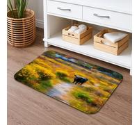 Autumn Meadow Black Dog Bath Mat, Impressionistic Colorful Landscape Floral Absorbent Non Slip Shower Rug, Cozy Memory Foam Washable Floor Mat for Bathroom Toilet 16x24 Inch
