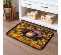 Autumn Monkey Design Bath Mat, Fanciful Chimpanzee Leaves and Pumpkins Absorbent Non Slip Shower Mat, Fall Seasonal Decor Flannel Washable Bath Rugs 16x24 Inch