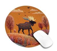 Autumn Moose Landscape Desk Mouse Pad, Orange Forest Graphic Stitch Edged Mouse Mat, Non-Slip Washable Gaming Mouse Pad for Home and Office Computer, Laptop Round 8x8 Inch