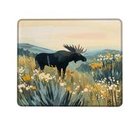 Autumn Moose Scene Desk Mouse Pad, Black Wildlife Art Stitched Edge Mousepad, Rubber Non-Slip Washable Gaming Mouse Pad for Home and Office Computer, Laptop Square 8x10 Inch