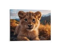 Autumn Mountain Canvas Framed Wall Art, Adorable Lions Cub on Rocky Modern Posters Golden Grassland Wall Decoration for Office Nursery School, Thanksgiving Gifts for Family Friends, 20x25CM