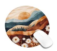 Autumn Mountain Floral Mouse Pad, Brown Beige Landscape with Daisies Stitched Edge Mousepad, Non-Slip Washable Gaming Mouse Pad for Home and Office Computer Round 8x8 Inch