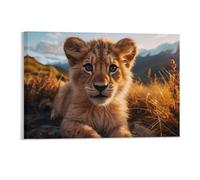 Autumn Mountain Wall Decor Poster, Adorable Lions Cub on Rocky Framed Canvas Wall Art for Bathroom Kid's Room, Funny Golden Grassland Artworks, Thanks Giving Gifts, 28x43CM