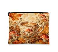 Autumn Mushroom Makeup Bag, Cozy Coffee Cup Vintage Cosmetic Pouch for Women, Portable Small Canvas Zipper Organizer, Fall Skincare Toiletry Bag, Orange, 7x9 Inch, Cup