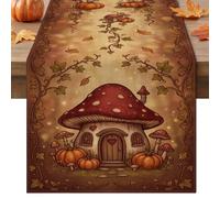 Autumn Mushroom Table Runner, Fanciful Rustic Fairy Tale Design for Fall Home Decor and Thanksgiving Gatherings 13x72 Inch