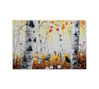 Autumn Nature Birch Tree Canvas Wall Art Hanging Paintings Poster Fall Forest Landscape Bird on Aspen Branch Artwork Classic Scenery Print Elegant Wall Decor for Bedroom Living Room 12x18inch(30x45cm)