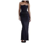 Autumn New Waist-hugging Long Skirt European And American Style Satin Tube Top Pleated Splicing Dress For Women (Color : Schwarz, Size : M)