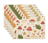 Autumn Oak Forest Table Mats Set of 6, Mushroom Acorn Washable Non-slip Place Mats Heat Insulation Placemats for Kitchen Dinning Restaurant, 30 x 45cm, Beige