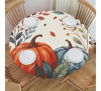 Autumn Orange Blue Pumpkin Leaf Round Tablecloth Farmhouse Table Cover with Elastic Edge Washable Fitted Table Cloth for Kitchen Patry Outdoor Decor Fits 45"-50", Medium