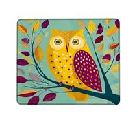 Autumn Owl Square Desk Mouse Pad, Yellow Cartoon Owl Stitched Edge Mousepad, Rubber Non-Slip Washable Gaming Mouse Pad for Home and Office Computer, Laptop Square 8x10 Inch